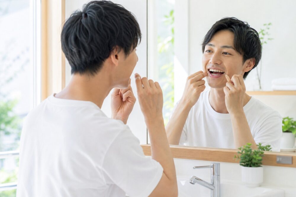 フロスで歯と歯の間の歯垢も落とす