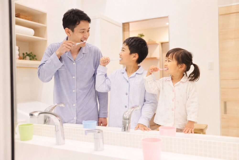 寝かしつけの前に親子でそろって磨く